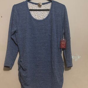 Faded Glory Heathered Blue Long-Sleeve Scoop Neck Top with Lace Back